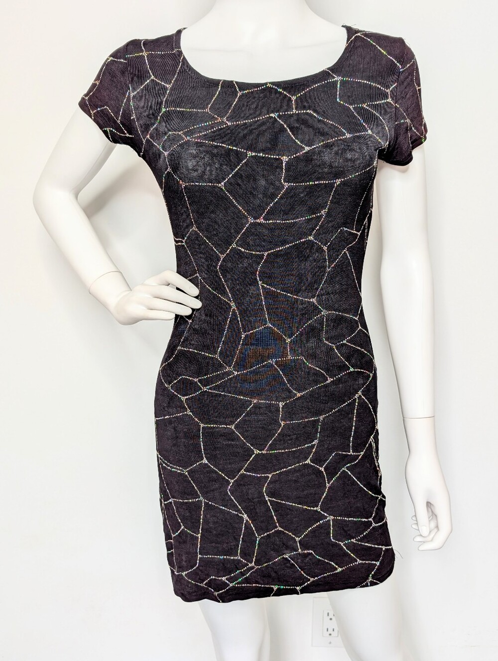 Vintage 90s Black Short Sleeve Slinky Glitter Mosaic Abstract Pattern Mini Dress